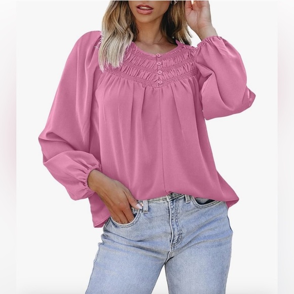 NWT Women Trendy Round Neck Smocked Blouse Pink Size XL - Picture 3 of 5